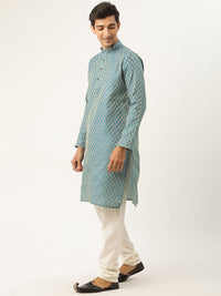 SOJANYA Men Teal Blue & Green Ethnic Motifs Kurta with Churidar & Nehru Jacket