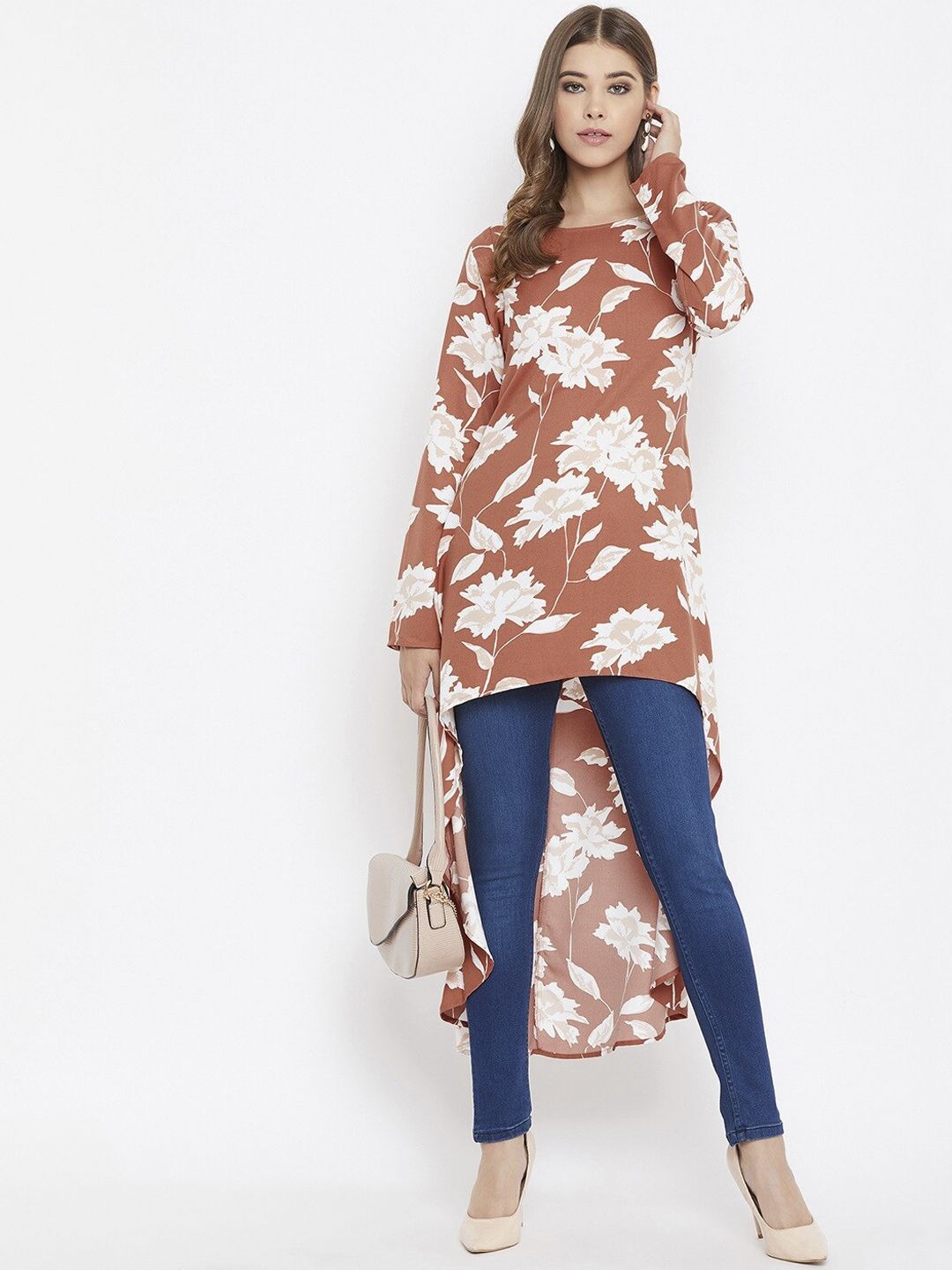 Berrylush Brown & White Floral Printed Crepe High-Low Longline Top