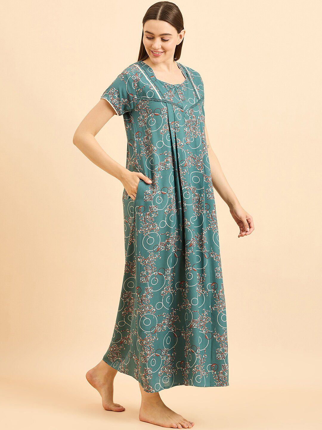 Sweet Dreams Green Pure Cotton Printed Maxi Nightdress