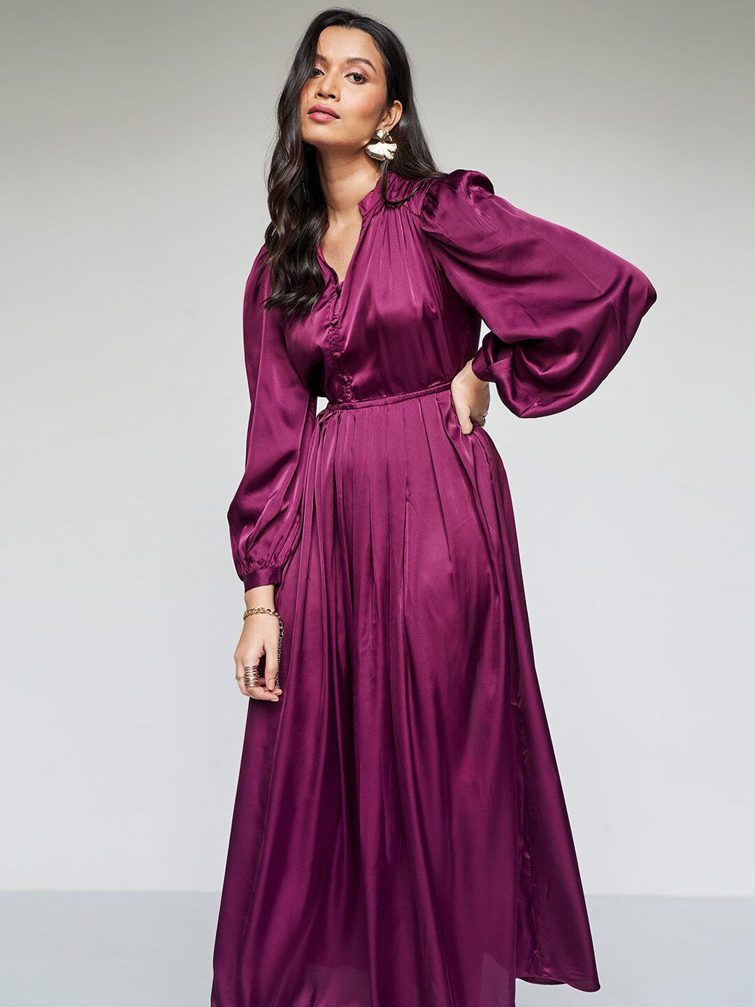 AND Cuffed Sleeves Mandarin Collar Pleated Fit & Flare Midi Dress