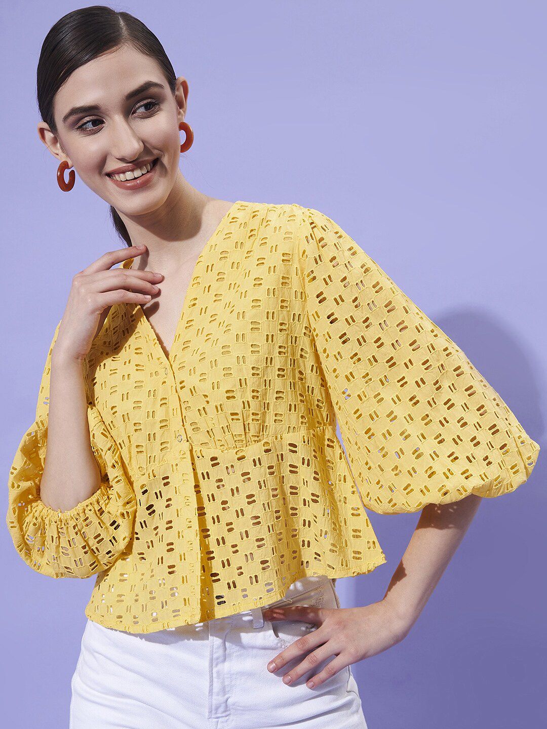 Athena Schiffli Self Design V-Neck Puff Sleeves Empire Top
