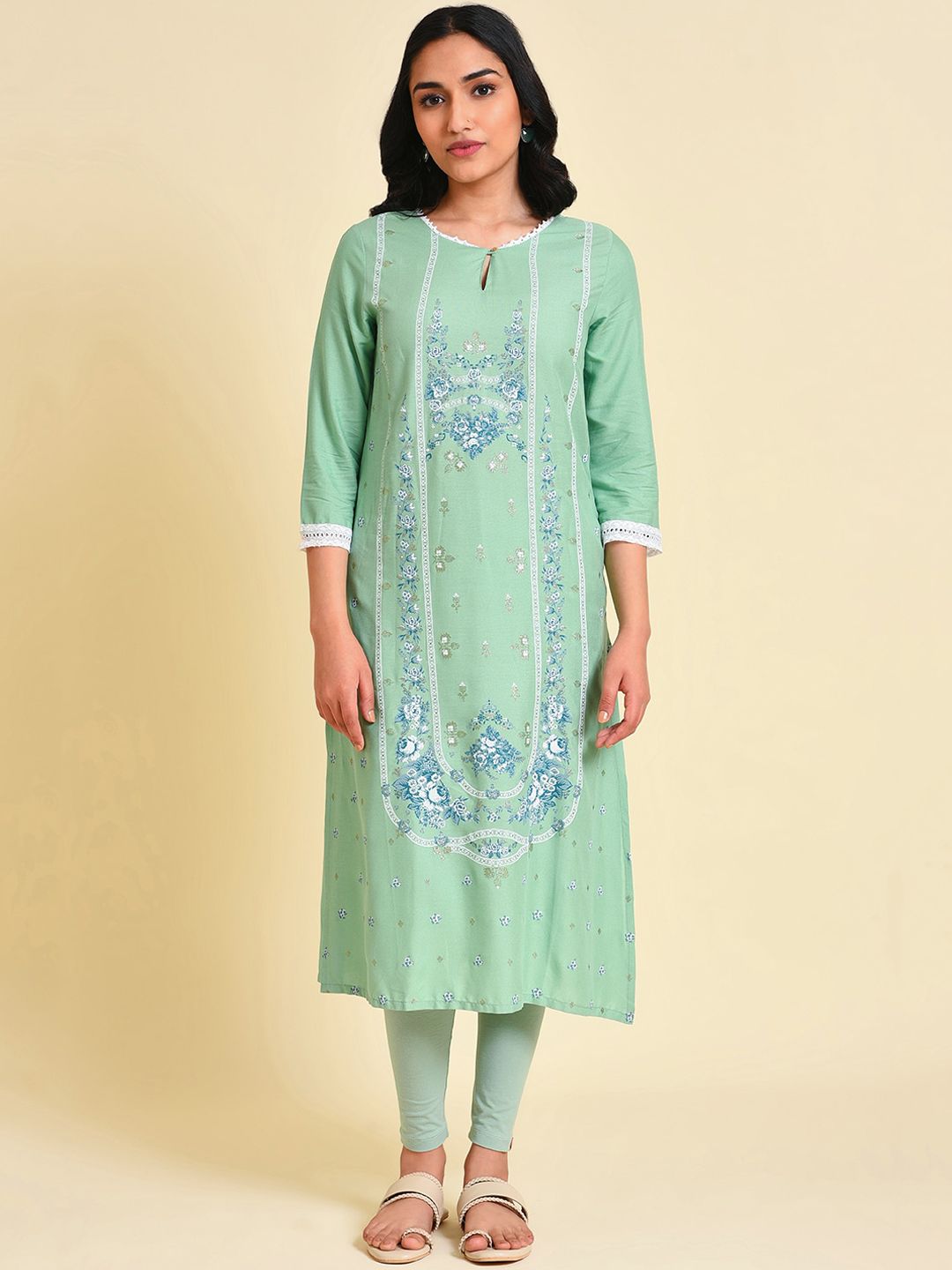 W Floral Printed Keyhole Neck Straight Kurta