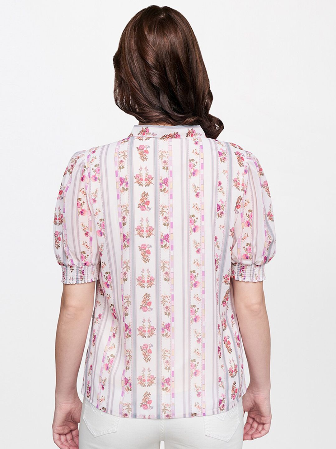 AND Women Beige & Peach Coloured Floral Print Tie-Up Neck Shirt Style Top