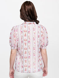 AND Women Beige & Peach Coloured Floral Print Tie-Up Neck Shirt Style Top