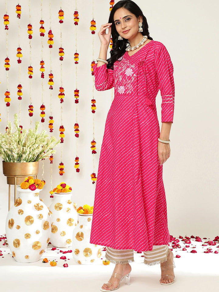 Varanga Women Pink & White Leheriya Printed Angrakha Kurta With Embroidery