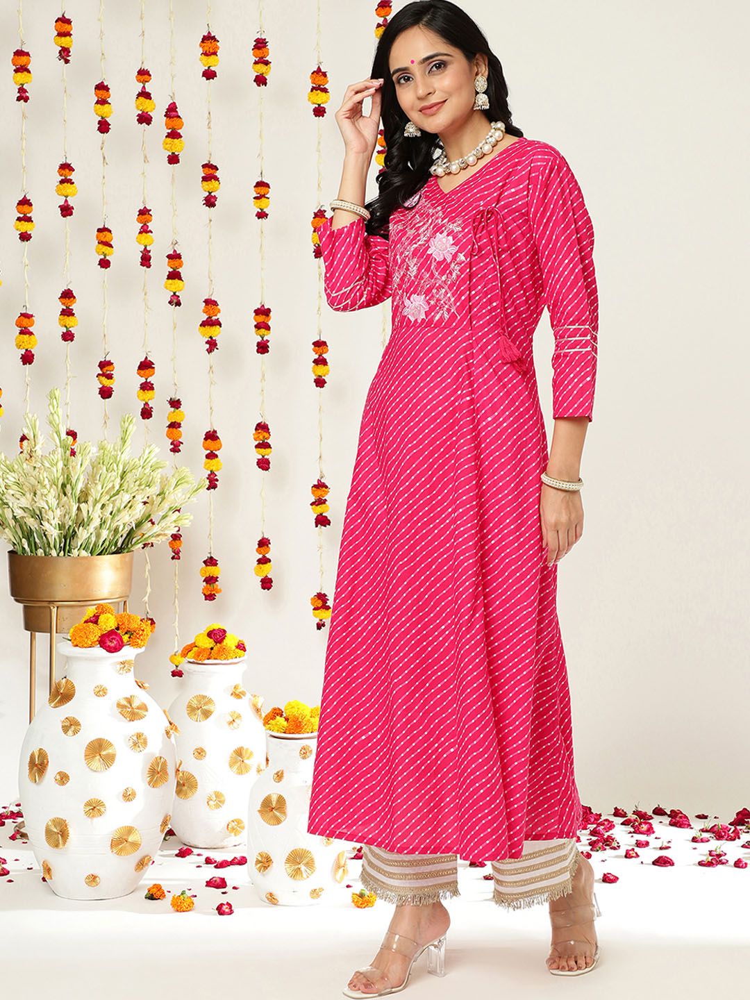 Varanga Women Pink & White Leheriya Printed Angrakha Kurta With Embroidery