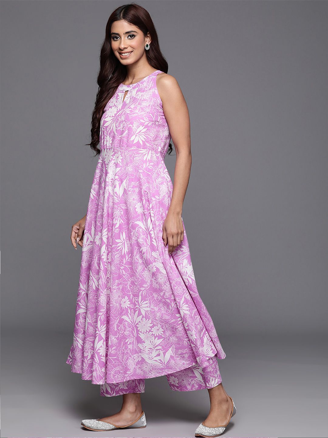 Varanga Floral Printed Keyhole Neck Pure Cotton Anarkali Kurta with Palazzos