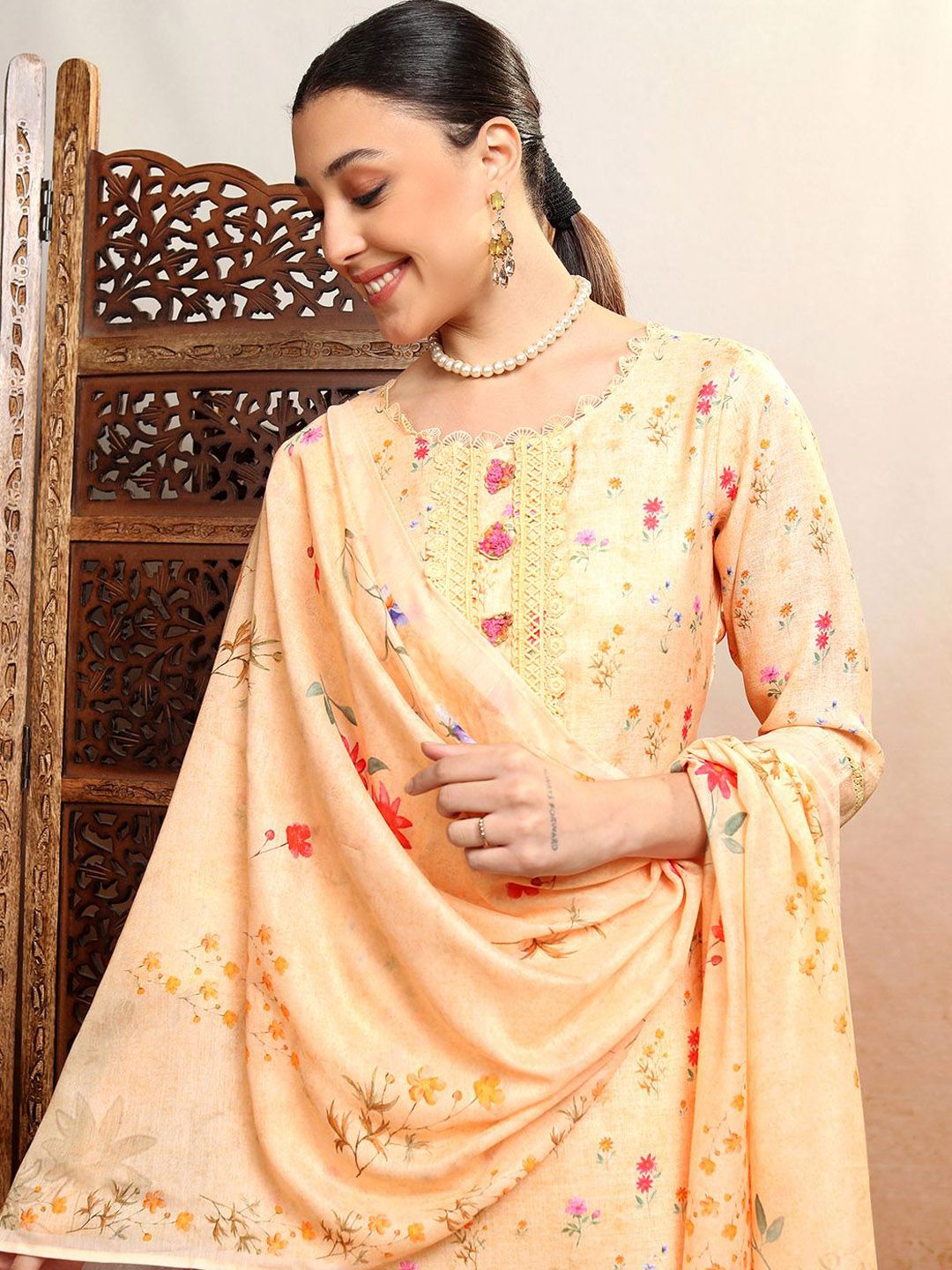 Vishudh Orange Printed Thread Work Pure Cotton Straight Kurta WithTrousers & Dupatta