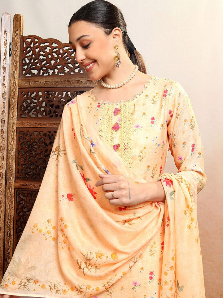 Vishudh Orange Printed Thread Work Pure Cotton Straight Kurta WithTrousers & Dupatta