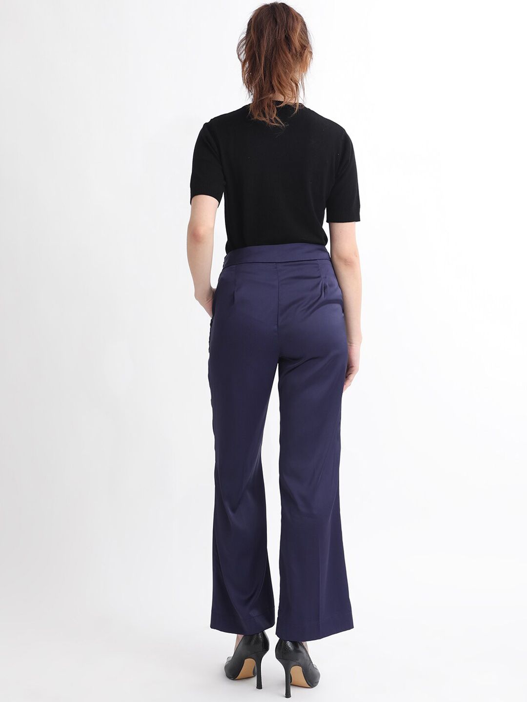 RAREISM Women Slim Fit High-Rise Plain Satin Parallel Trousers