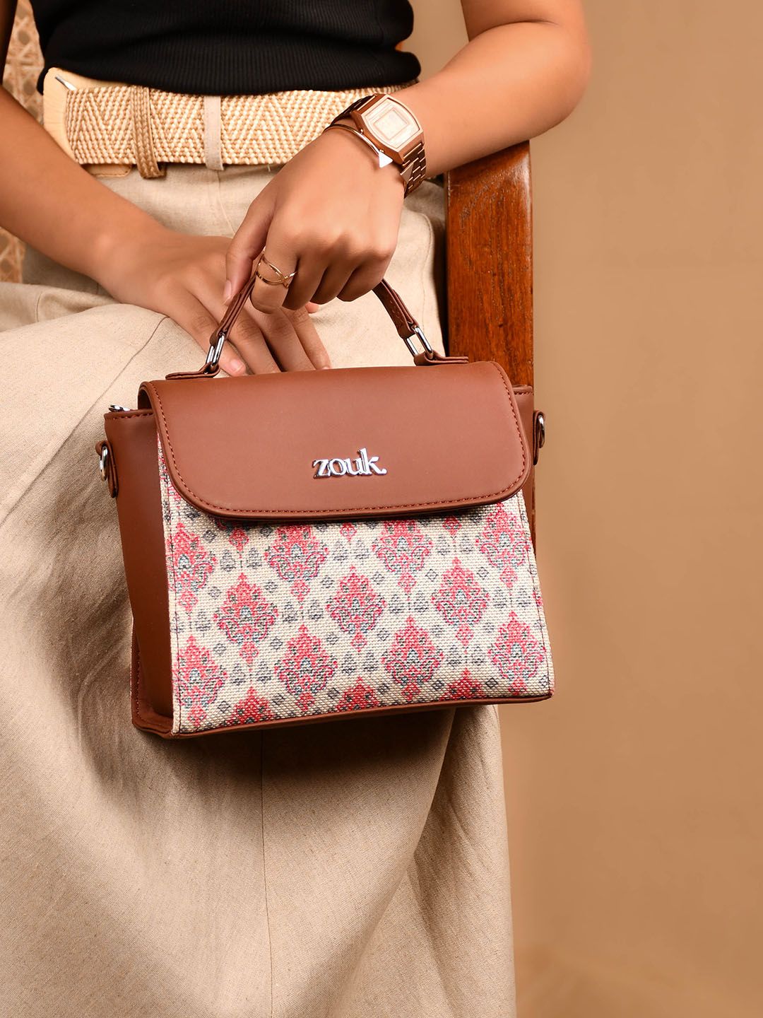 ZOUK Kashmiri Tulips Floral Printed Structured Handheld Bag