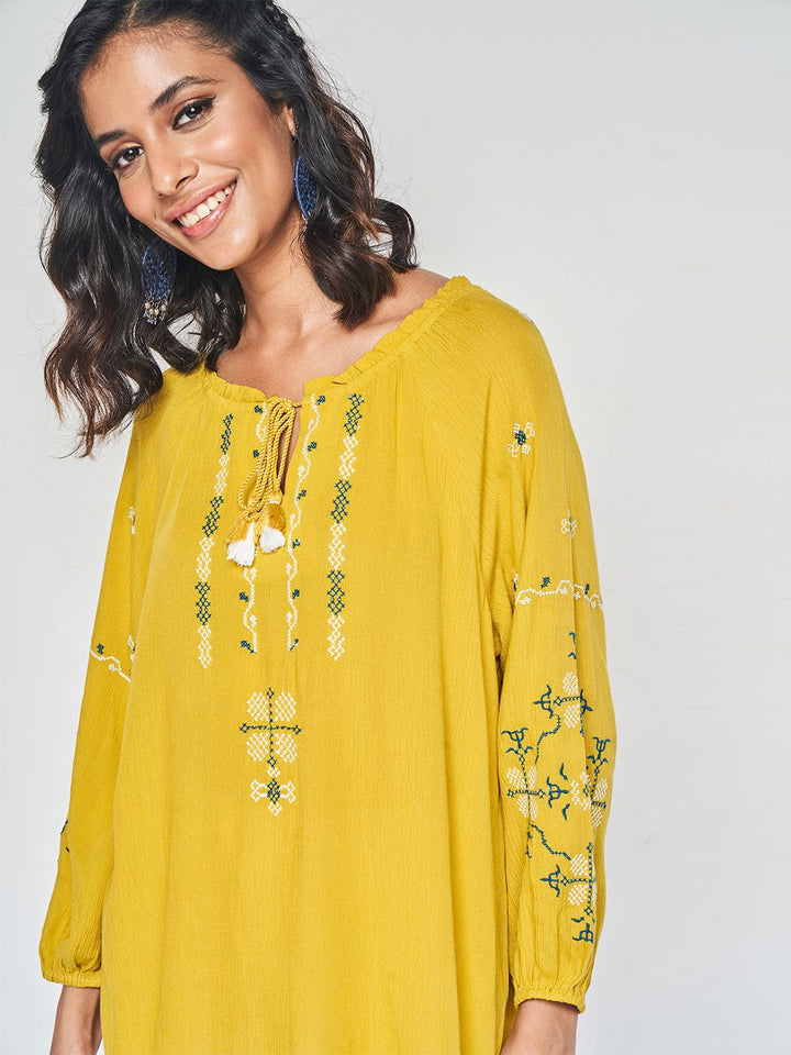 Global Desi Geometric Embroidered Tie-Up Neck Top