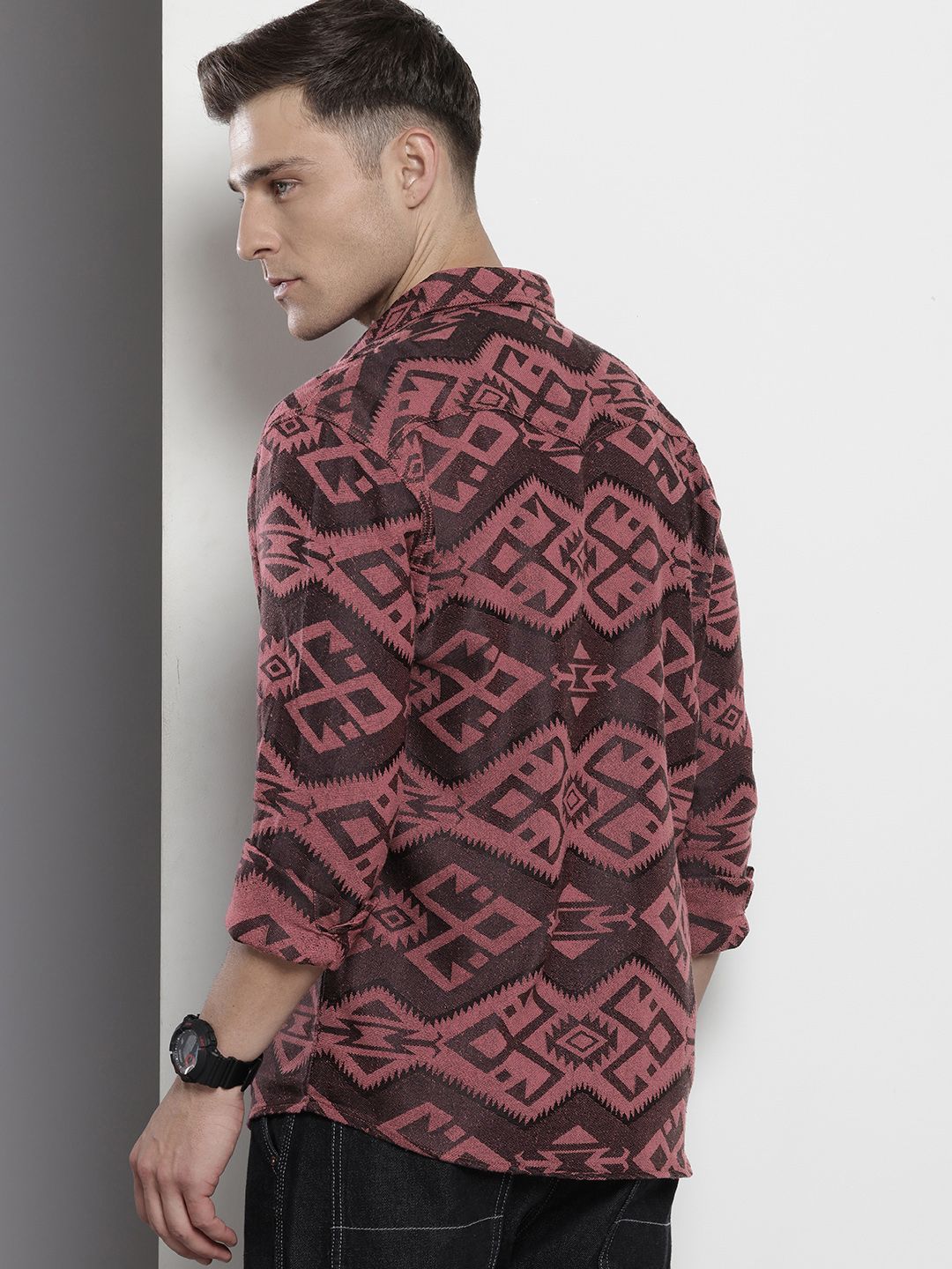 The Indian Garage Co Self Design Geometric Jacquard Relaxed Fit Shirt