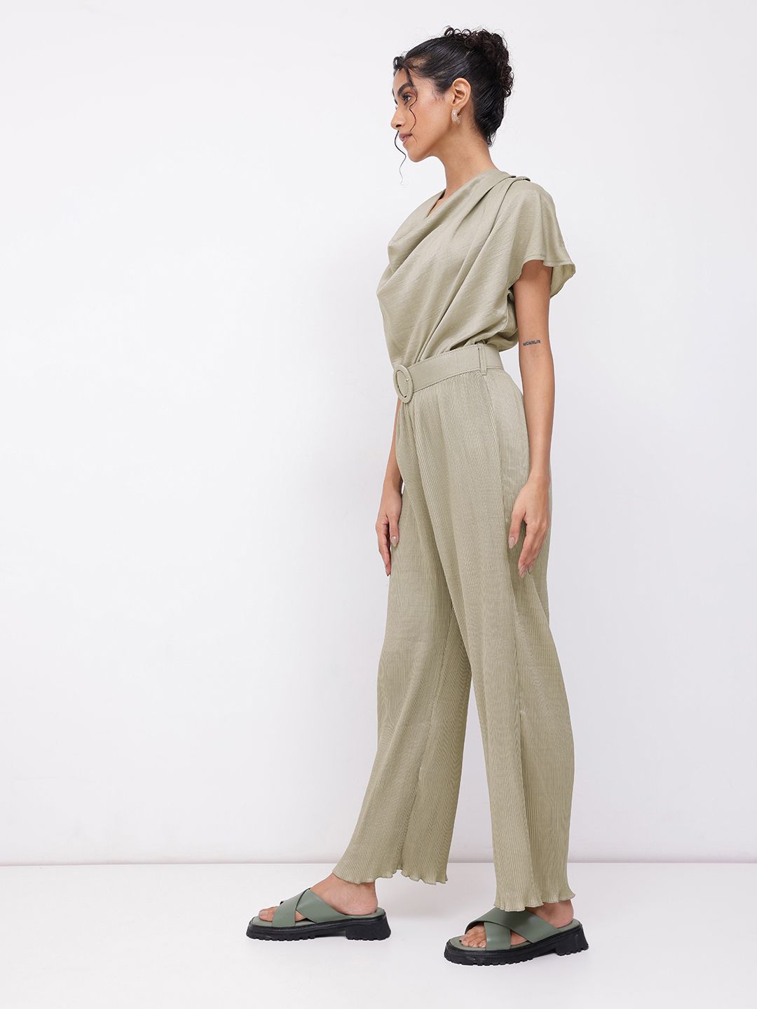 DressBerry Greyish Cowl Neck Draped Basic Jumpsuit With Belt