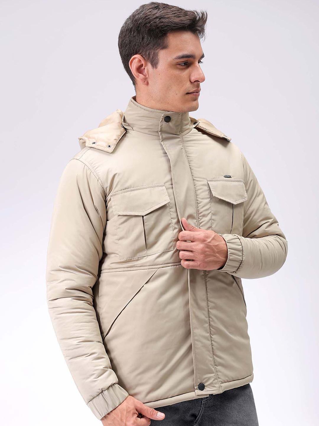 The Indian Garage Co Men Beige Solid Hooded Neck Padded Parka Jacket