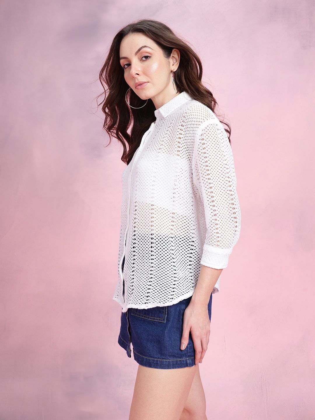 DressBerry Open-Knit Sheer Crochet Shirt