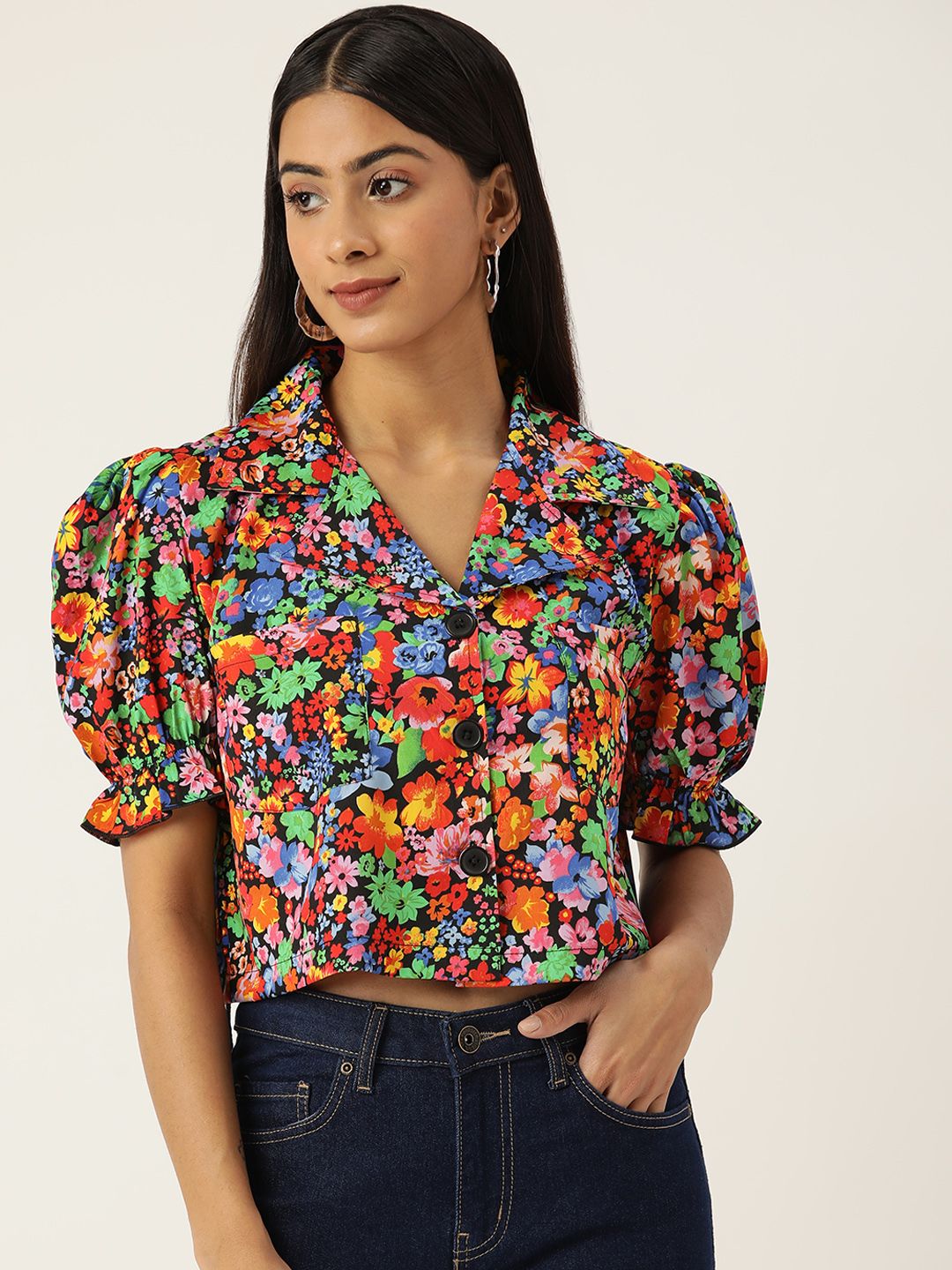 Antheaa Women Comfort Boxy Floral Printed Crop Shirt
