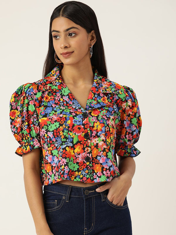 Antheaa Women Comfort Boxy Floral Printed Crop Shirt