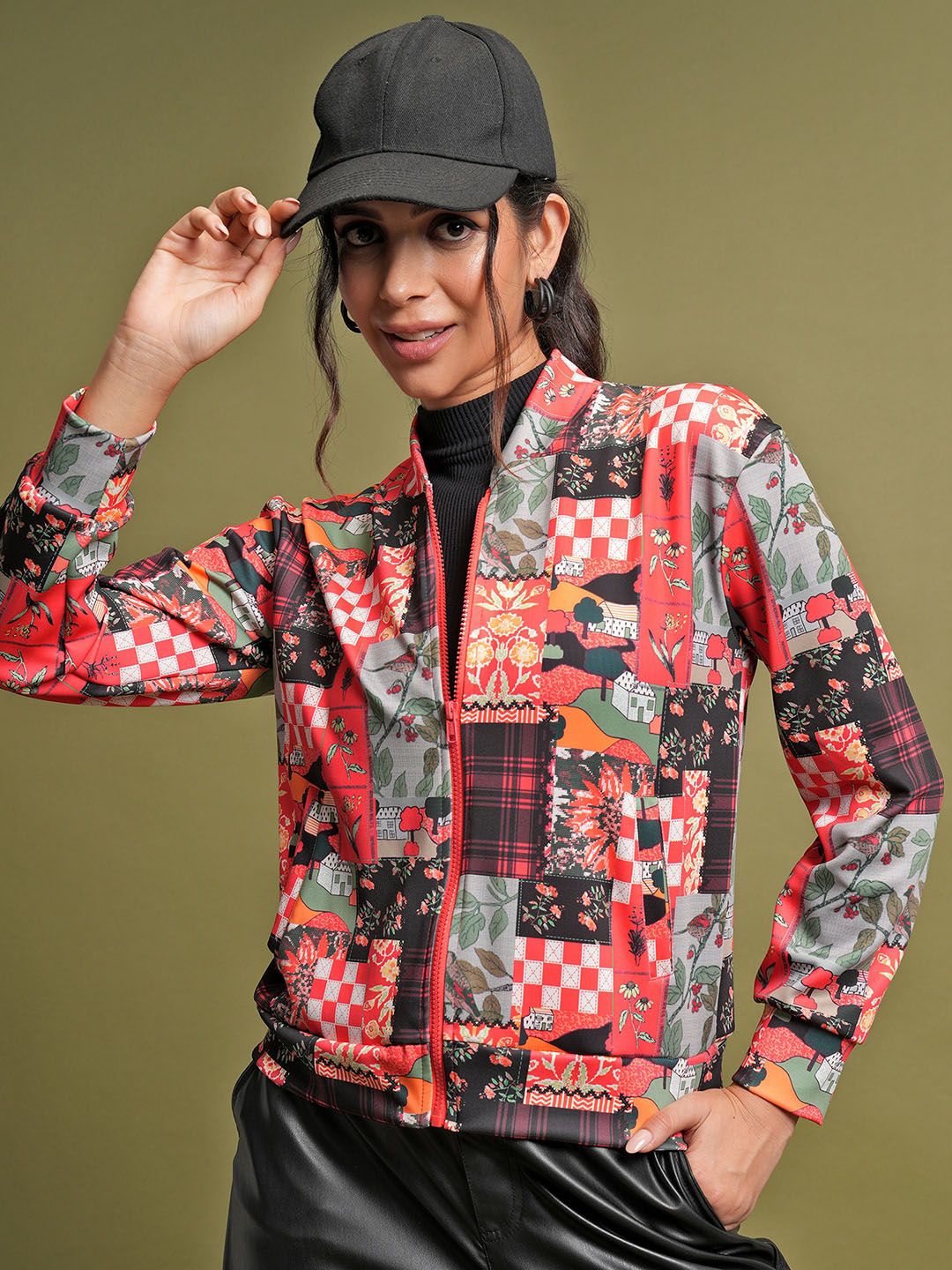 Tokyo Talkies Red Floral Printed Stand Collar Bomber Jacket With Zip Detail