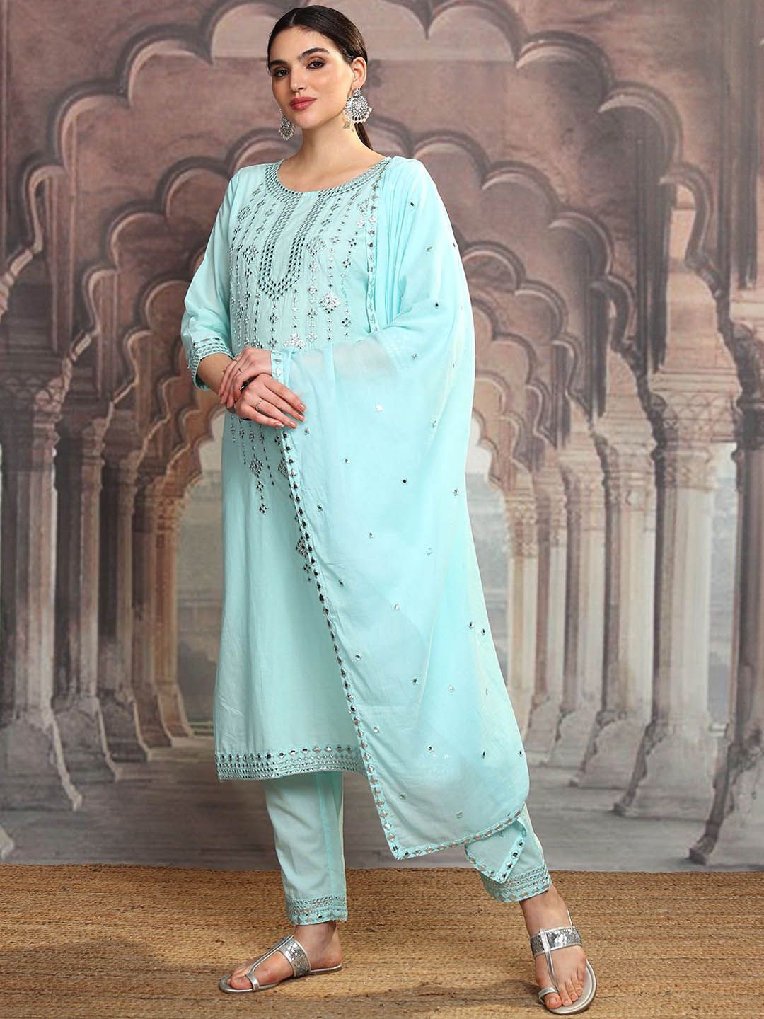 Vishudh Blue Ethnic Motifs Embroidered Pure Cotton Straight Kurta With Trousers & Dupatta