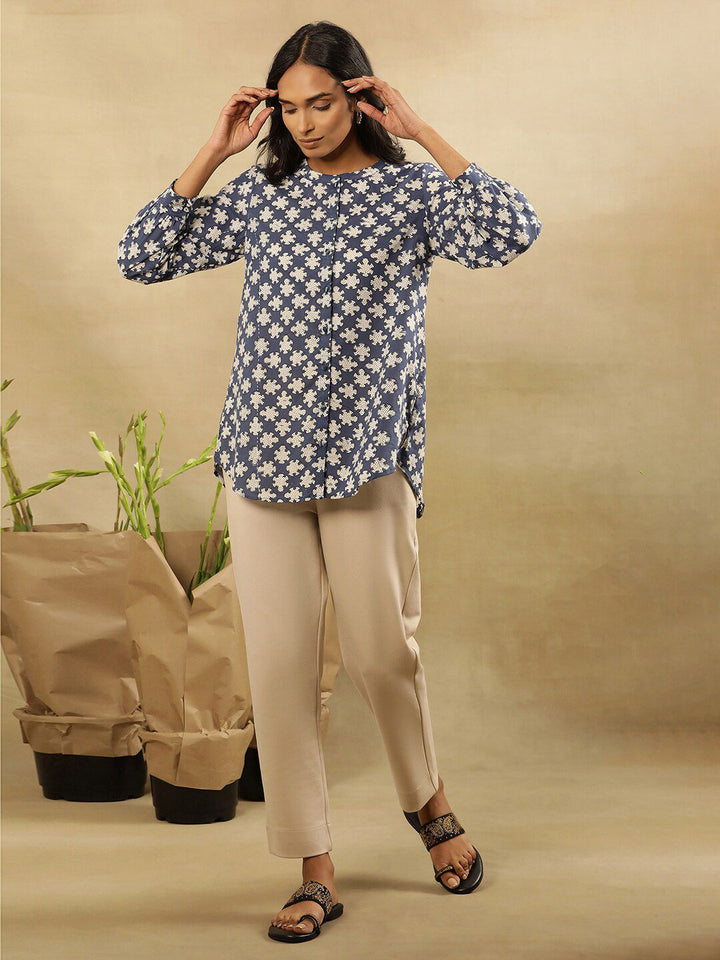 Folk Song  Floral Printed Round Neck Cuffed Sleeves Cotton Top