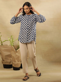 Folk Song  Floral Printed Round Neck Cuffed Sleeves Cotton Top
