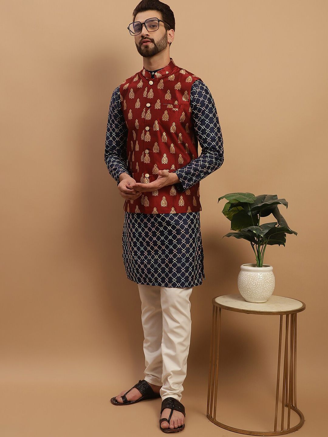 SOJANYA Ethnic Motifs Embroidered Kurta with Churidar & Nehru Jacket