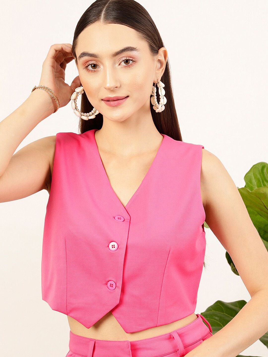STREET 9 Pink V-Neck Sleeveless Shirt Style Crop Top
