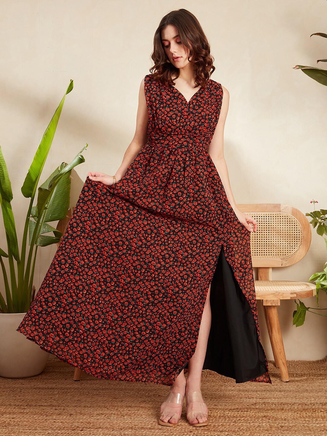 Berrylush Black & Red Floral Printed V-Neck Gathered Georgette Maxi Dress