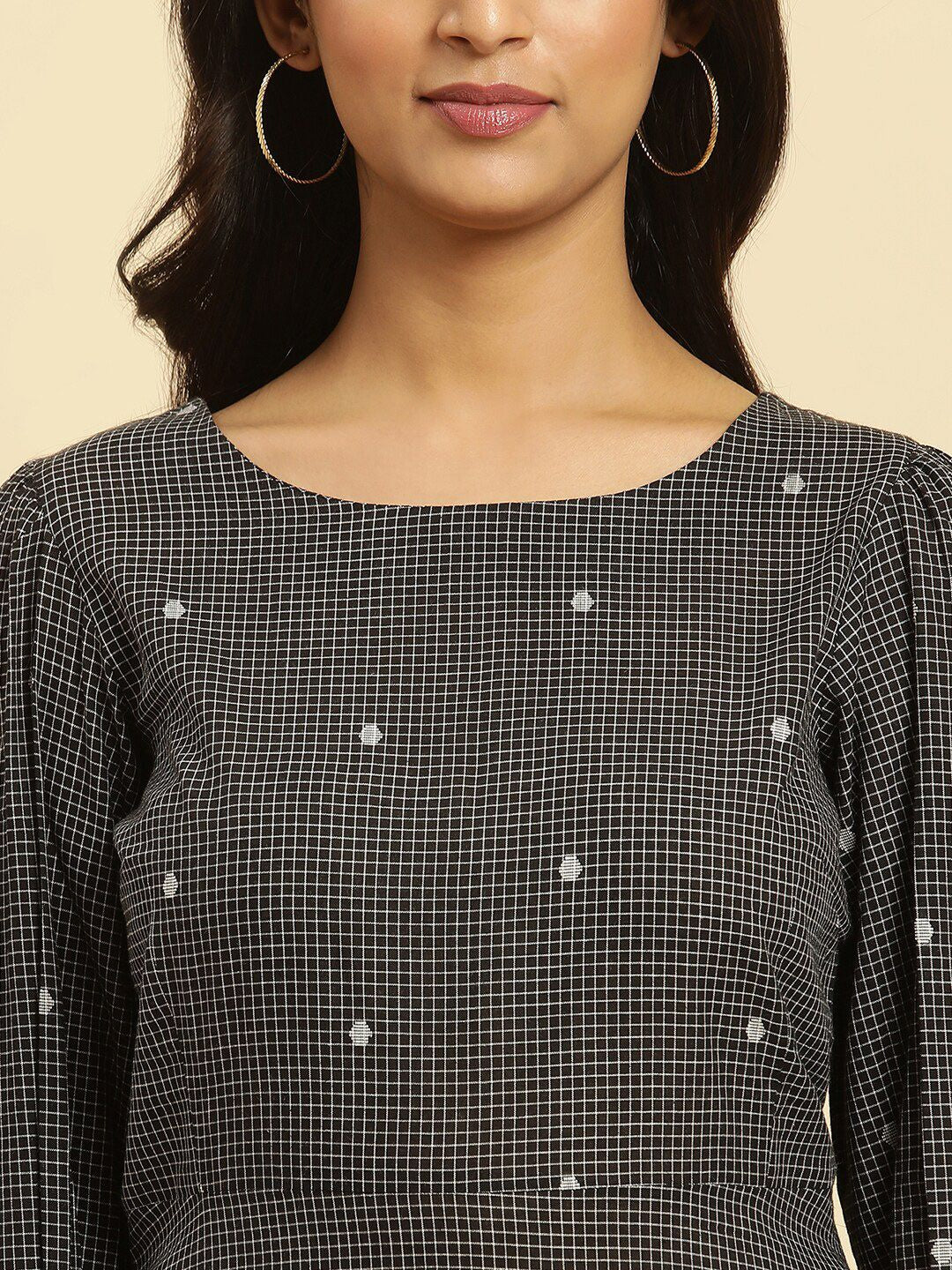 W Checked Puff Sleeves A-Line Pure Cotton Midi Dress