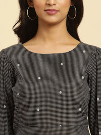 W Checked Puff Sleeves A-Line Pure Cotton Midi Dress