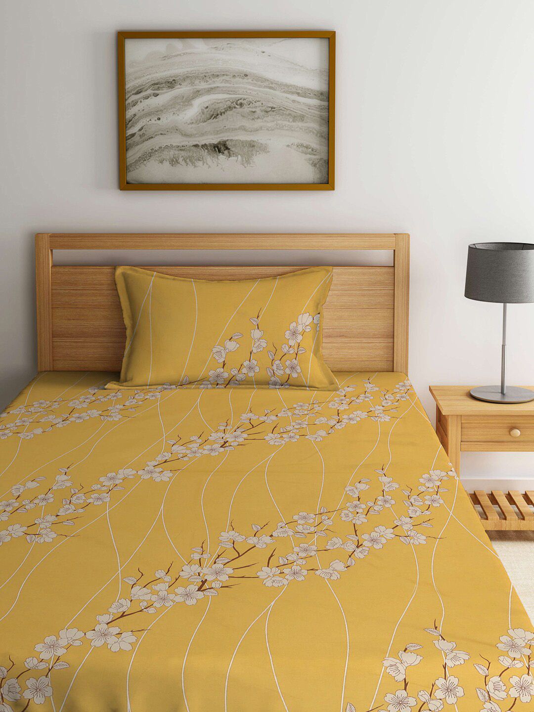 KLOTTHE Yellow & White Floral-Printed 400TC Pure-Cotton Fitted Single Bedsheet Set
