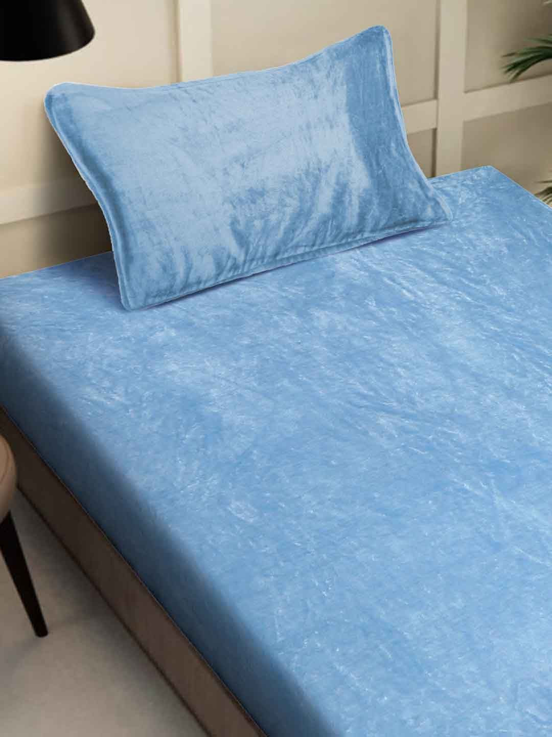 KLOTTHE Blue 300TC Woollen Fitted Single Bedsheet With Pillow Cover