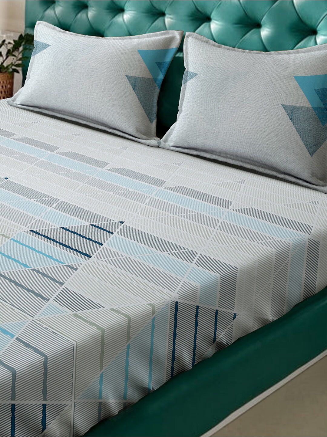 Klotthe Grey Grey Geometric 400 TC Cotton Dipasang Super King Bedsheet dengan 2 penutup bantal