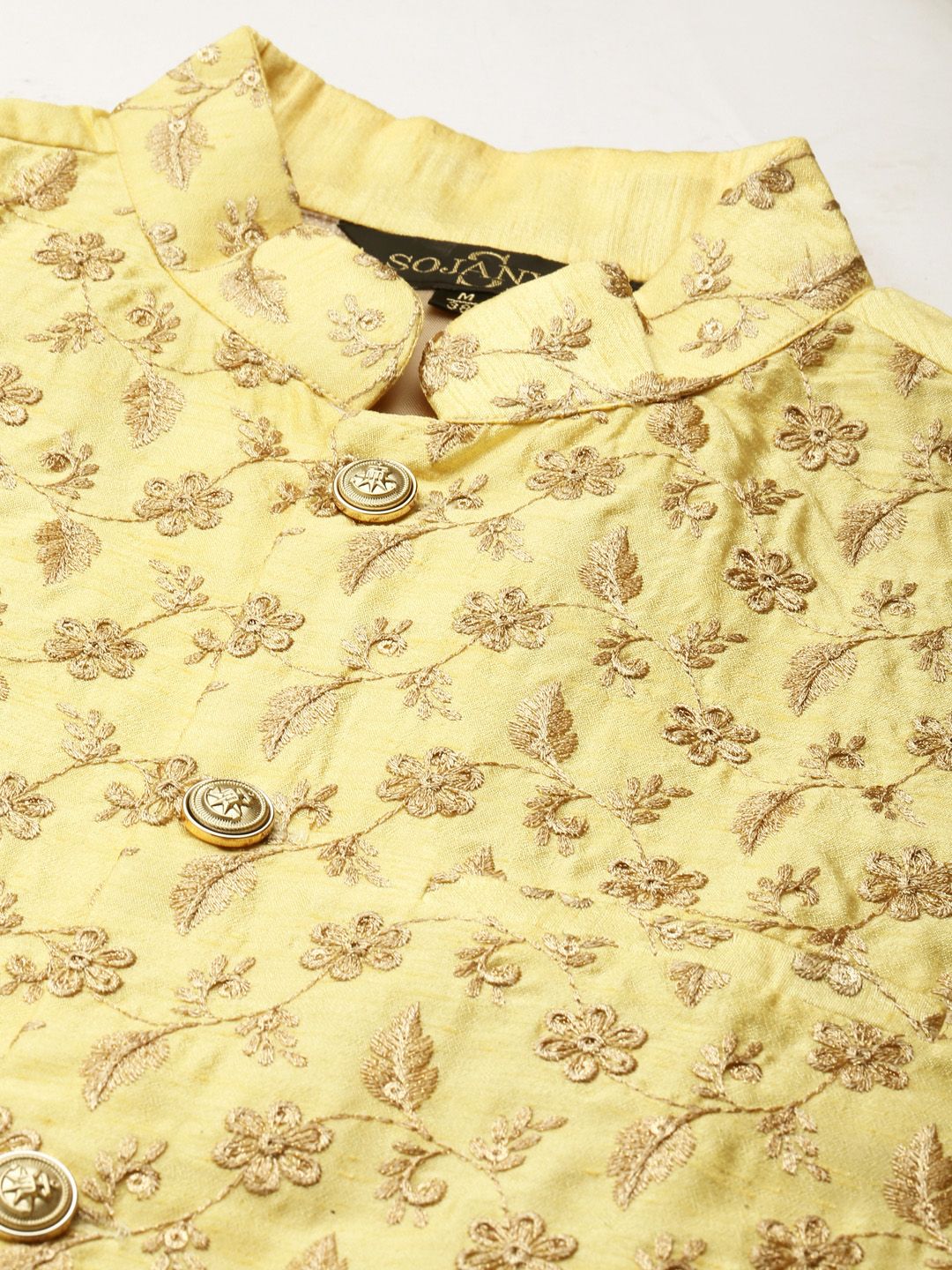 SOJANYA Men Golden & Yellow Kurta with Churidar & Nehru Jacket