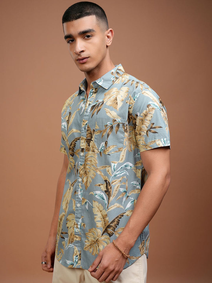 HIGHLANDER Men Blue Slim Fit Tropical Cotton Printed Casual Shirt