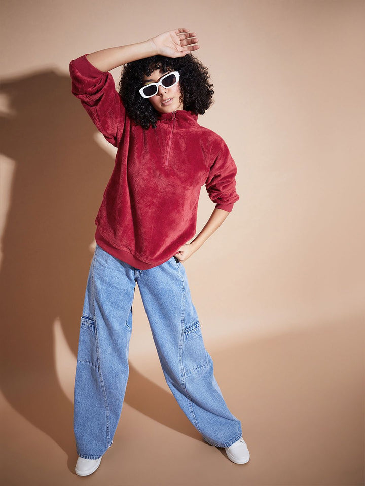 SASSAFRAS BASICS High Collar Long Sleeves Oversized Fleece Pullover Sweatshirt