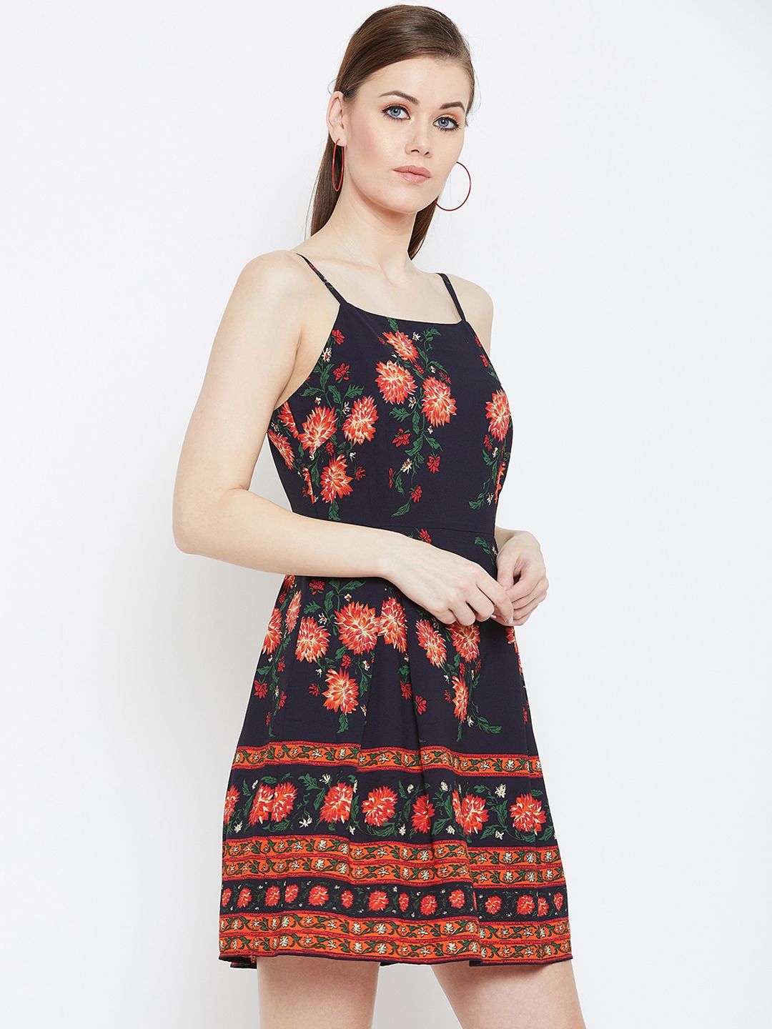 Berrylush Women Navy Blue & Orange Floral Printed Fit and Flare Dress