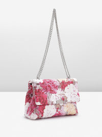 Lino Perros Floral Printed Structured Shoulder Bag with Quilted Detail