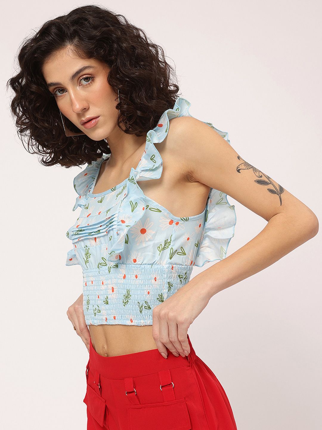 DressBerry Ruffle Ready Smocked Floral Print Crop Top