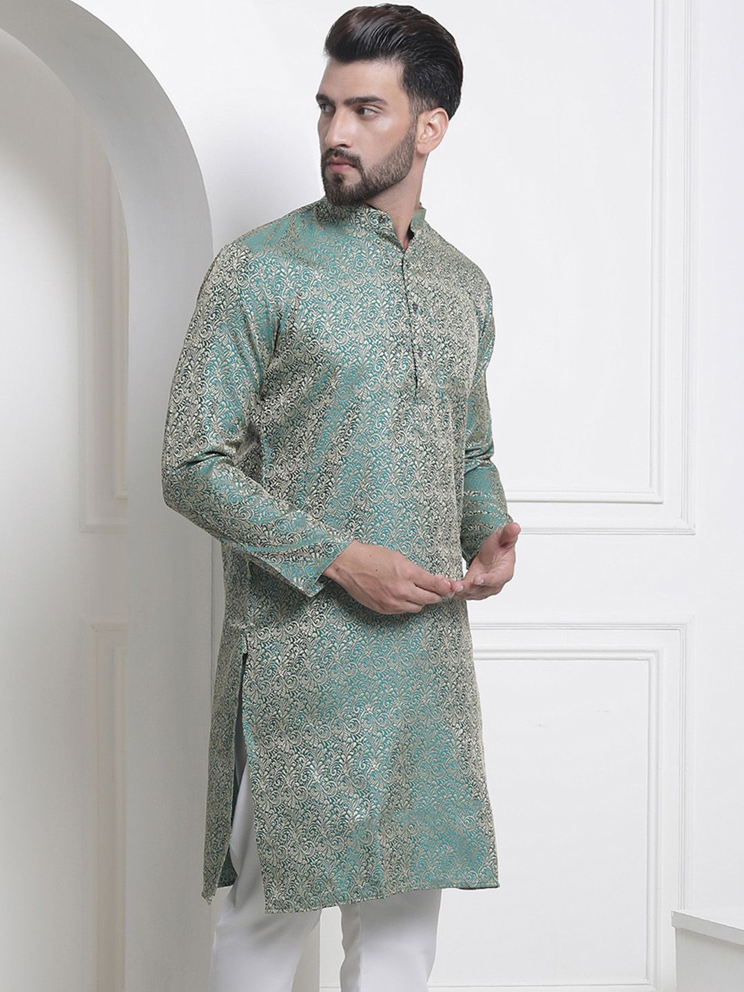 SOJANYA Men Ethnic Motifs Jacquard Silk Cotton Kurta