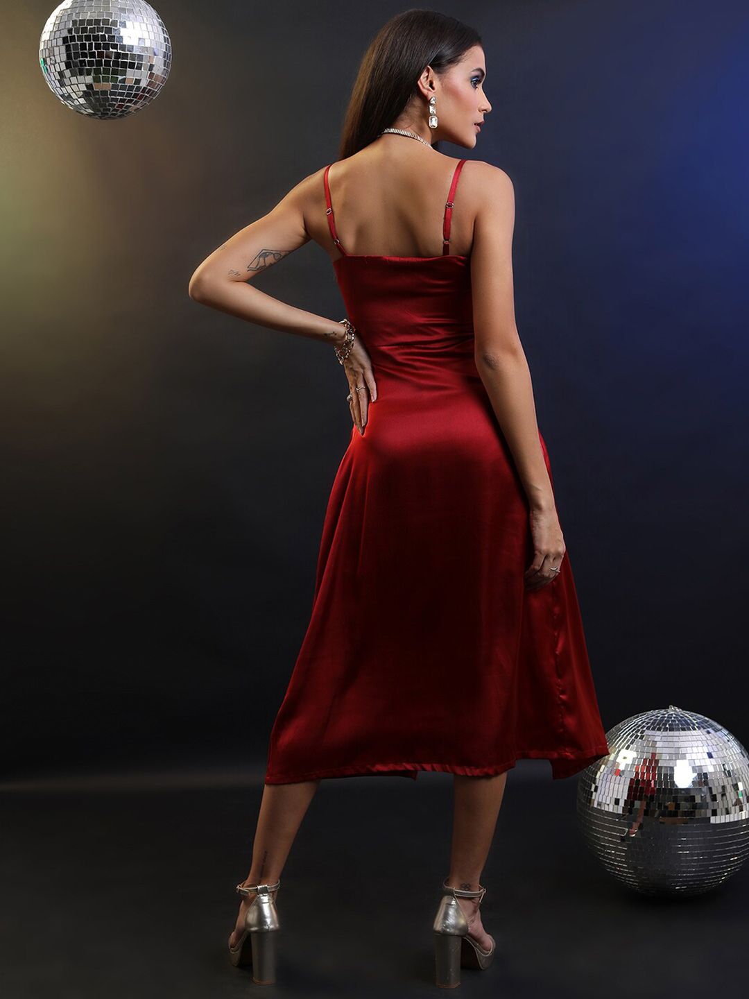 Tokyo Talkies Ruched Women Satin Overlapping Midi Length Strappy Satin Dress