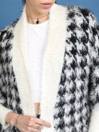 Tokyo Talkies Black Geometric Printed Fuzzy Acrylic Cardigan Sweater