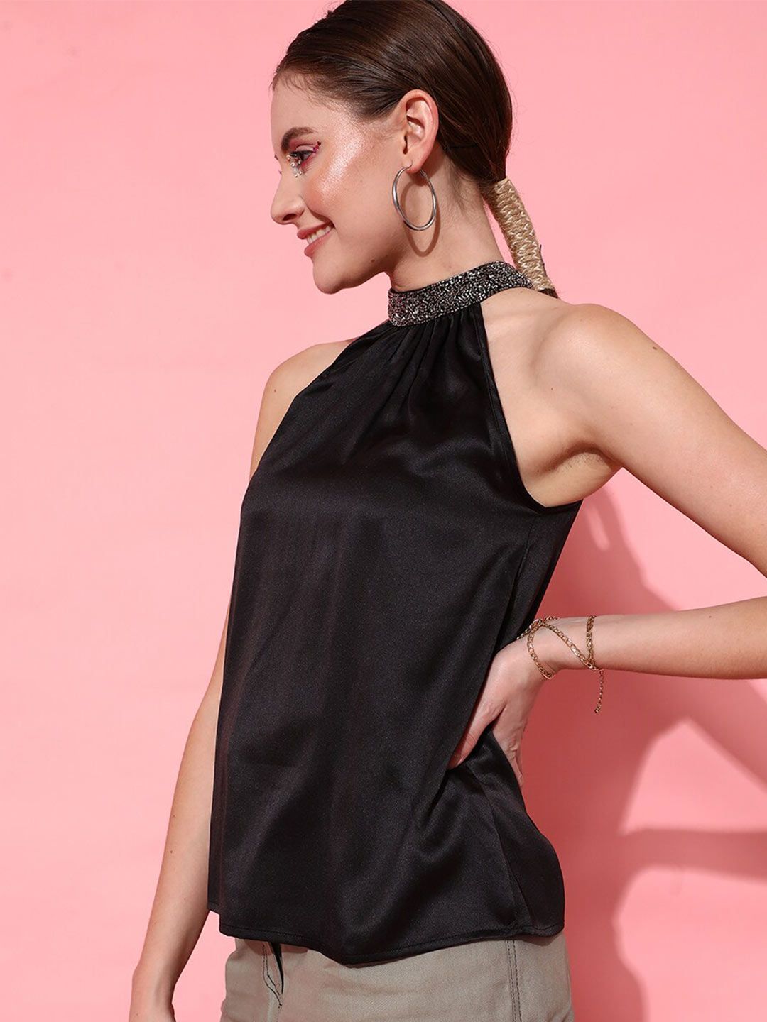 STREET 9 Women Black Embellished Halter Neck Top