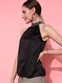 STREET 9 Women Black Embellished Halter Neck Top