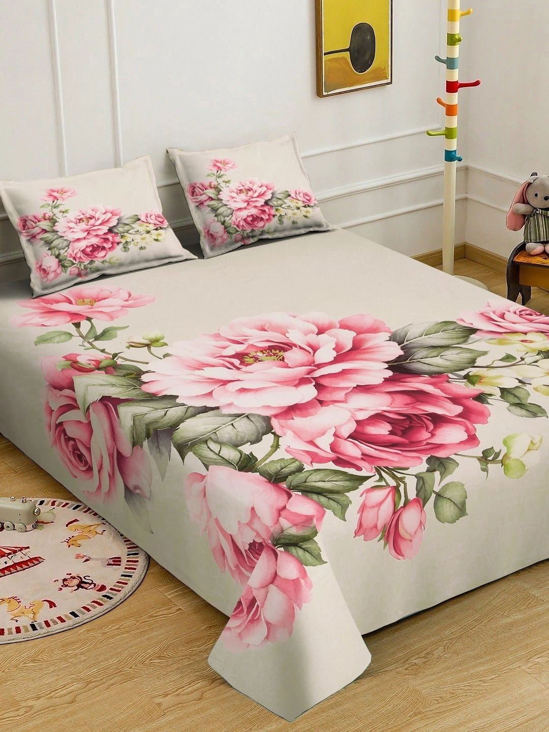 Moda Rapido X KLOTTHE Beige & Pink Floral 400 TC King Bedsheet with 2 Pillow Covers