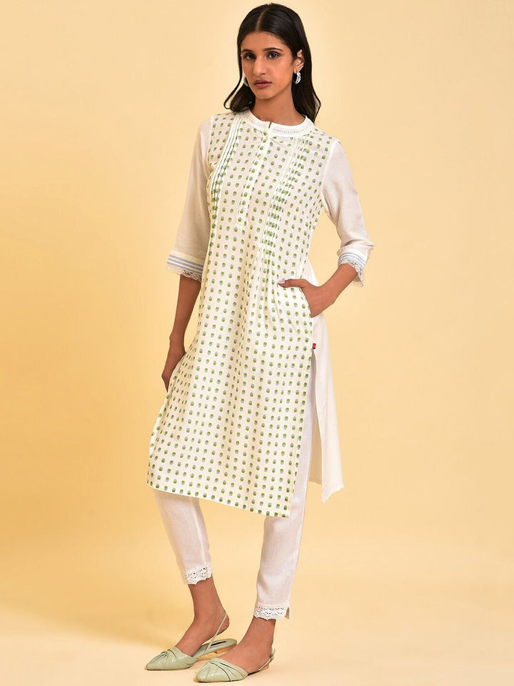 W White & Blue Ethnic Motifs Printed Mirror Work Mandarin Collar Kurta