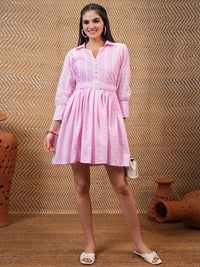 Vishudh Pink Floral Embroidered Belted Fit & Flare Dress