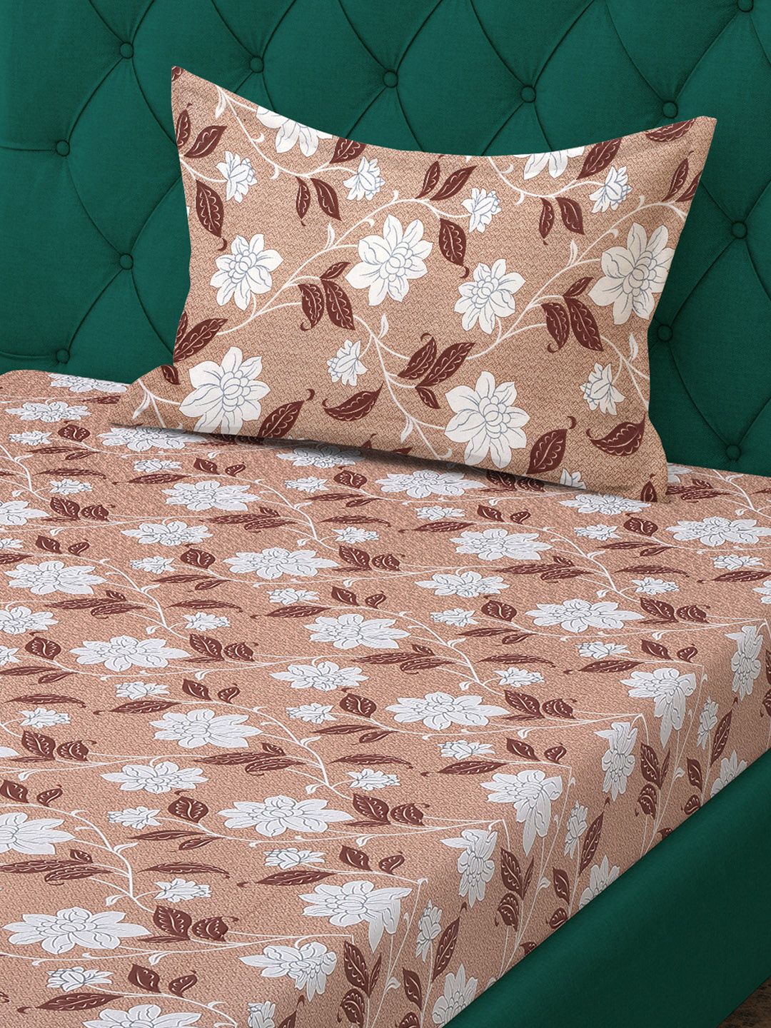 KLOTTHE Beige & White Printed Pure Cotton 400 TC Single Bedsheet With Pillow Cover