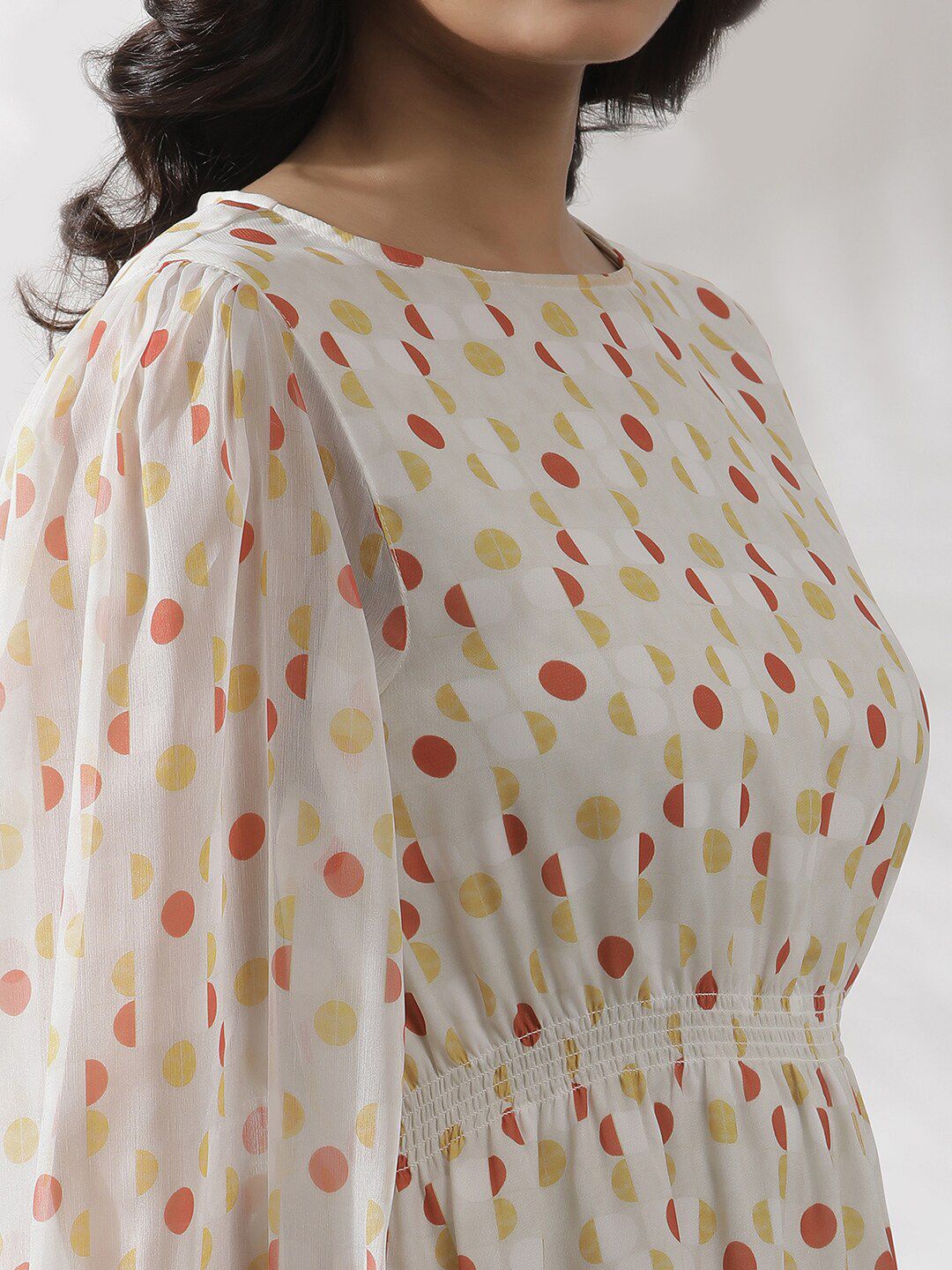 W Polka Dots Print Puff Sleeve Fit & Flare Midi Dress